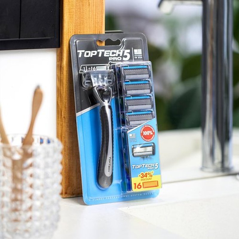 Toptech PRO 5 Razors for Men - Manual Shaving Razor & Replaceable Cartridges - 5-Blade Technology - 17 Count Pack (Handle + 16 Refills) - Soft Shave & Sharp Blades - Cost-effective Refill