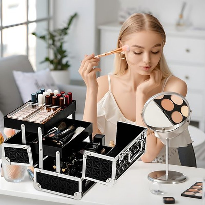 Leeora&Leekoo Makeup Train Case Cosmetic Box Portable Makeup Case Organizer 2 Trays Makeup Storage with Mirror for Cosmetologist Aesthetic Supplies Nail Tech Traveling Makeup Box (Black)