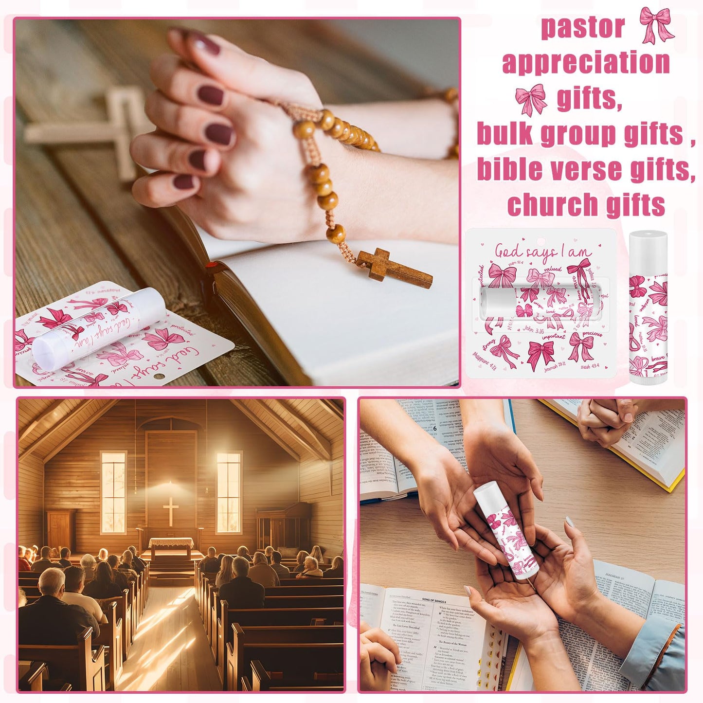 Sacubee 25 Pack Pink Bow Christian Gifts Bulk for Women Men Religious Lip Balms Bulk Church Party Favors Christmas Party Gifts Stocking Stuffers Bible Verse Study Supplies for Employee Staff Coworkers
