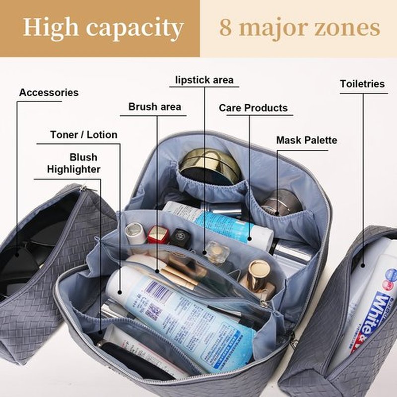 Travel Makeup Bags Cosmetic Organizer Bag: Large Capacity Make up Bag Set of 3 - Vegan Leather Toiletry Bag for Women - Portable Makeup Organizer with Compartments & Handle & Divider (01 Grey)