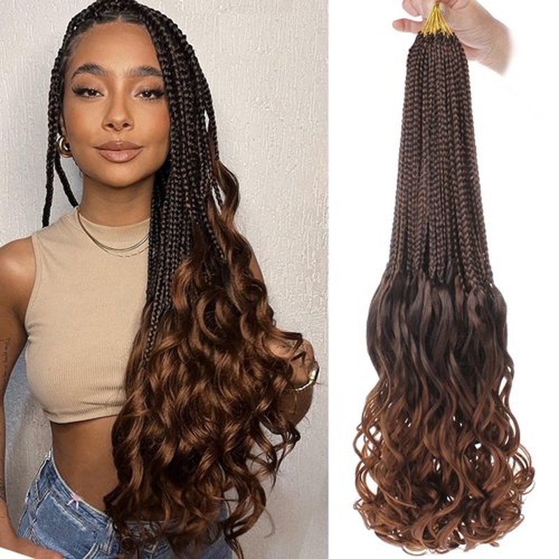 RuiYok 24 Inch French Curl Crochet Braids 9 Packs Ombre Brown Goddess Box Braids with Curly Ends Pre Looped Bohemian Crochet Hair Loose Wave Bouncy French Curl Braiding Hair for Women