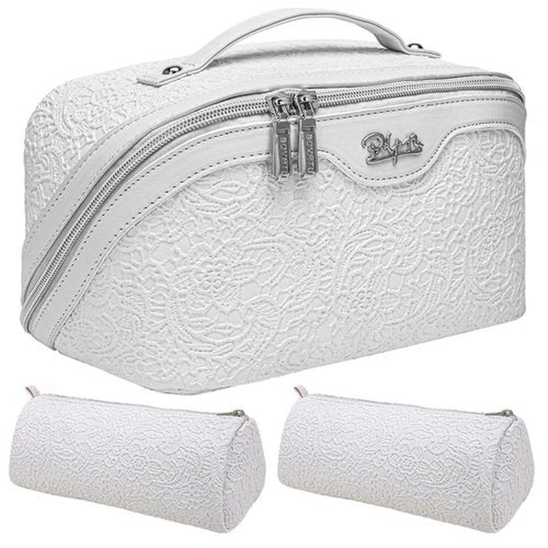 Travel Makeup Bags Cosmetic Organizer Bag: 3-Set Large Capacity Make up Bag - PU Leather Toiletry Bag for Women - Wide Open Portable Pouch with Divider & Handle (03-Z-Silver)