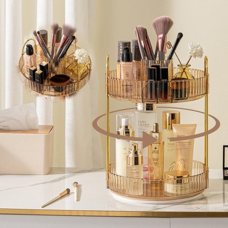 shuang qing 360° Rotating Makeup Organizer, High-Capacity Bathroom Countertop Vanity Organizers, 2 Tier Spinning Skincare Storage, for Perfume/Cosmetic/Makeup Brushes/Lotion（Gold）