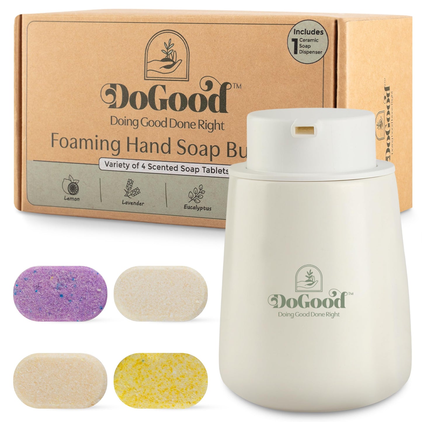DoGood Foaming Hand Soap Starter Kit – Refillable 350 mL Ceramic Dispenser & 4 Scented Tablets – Eco-Friendly Zero-Waste Foam Soap (Lavender, Lemon, Eucalyptus, Sandalwood)