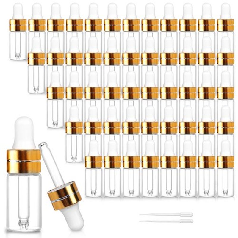 Comrzor 50 Pack 3ml Clear Glass Dropper Bottles with 2 Pcs Plastic Droppers, Mini Sample Dropper Bottles for Essential Oils Perfume Cosmetic Liquid, Empty Travel Sample Vials with Gold Cap