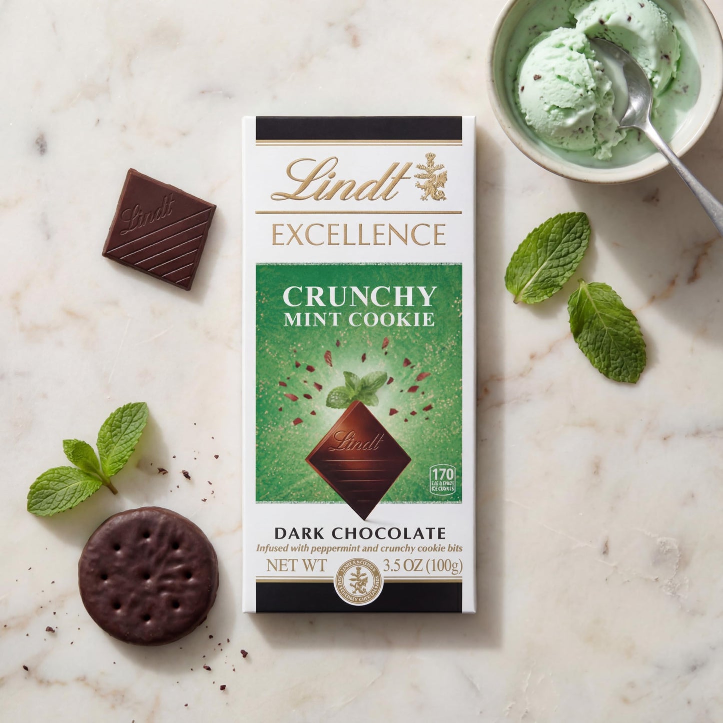 New Lindt EXCELLENCE Crunchy Mint Cookie Dark Chocolate Candy Bar, 3.5 oz., 12 Pack