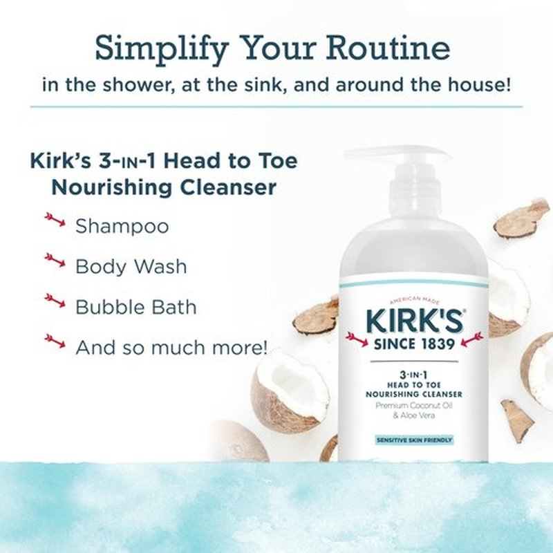 Kirk's 3-in-1 Head to Toe Nourishing Liquid Cleanser- for Men, Women & Children - Premium Coconut Oil & Aloe Vera- Non GMO & Vegan -Fragrance Free - 32 Fl Oz. - 2 Pack