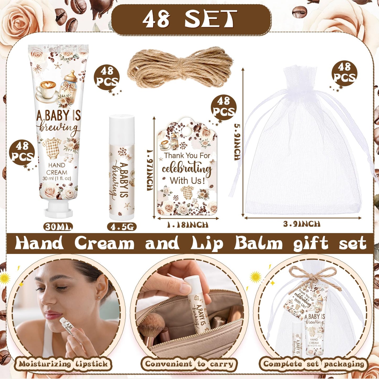 Swiffen 48 Sets a Baby Is Brewing Baby Shower Favors for Guests Coffee Babies Shower Gift Hand Cream and Lip Balm Bulk Thank You Souvenir for Pregnancy Diaper Party Supplies Gender Reveal Games Prizes