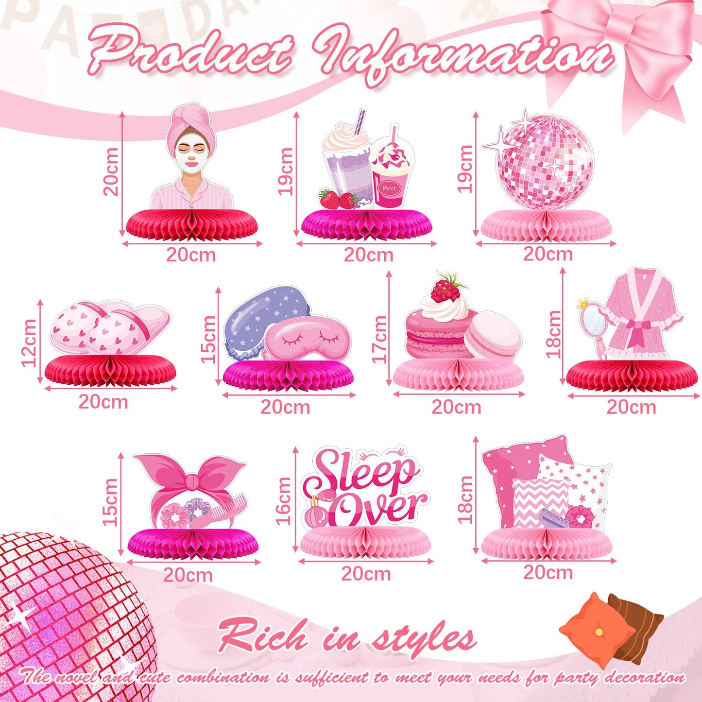 Censen 10 Pcs Sleepover Party Decorations, Pink Slumber Honeycomb Centerpieces, Spa Birthday Party Supplies Makeup Pajama Theme Table Decor