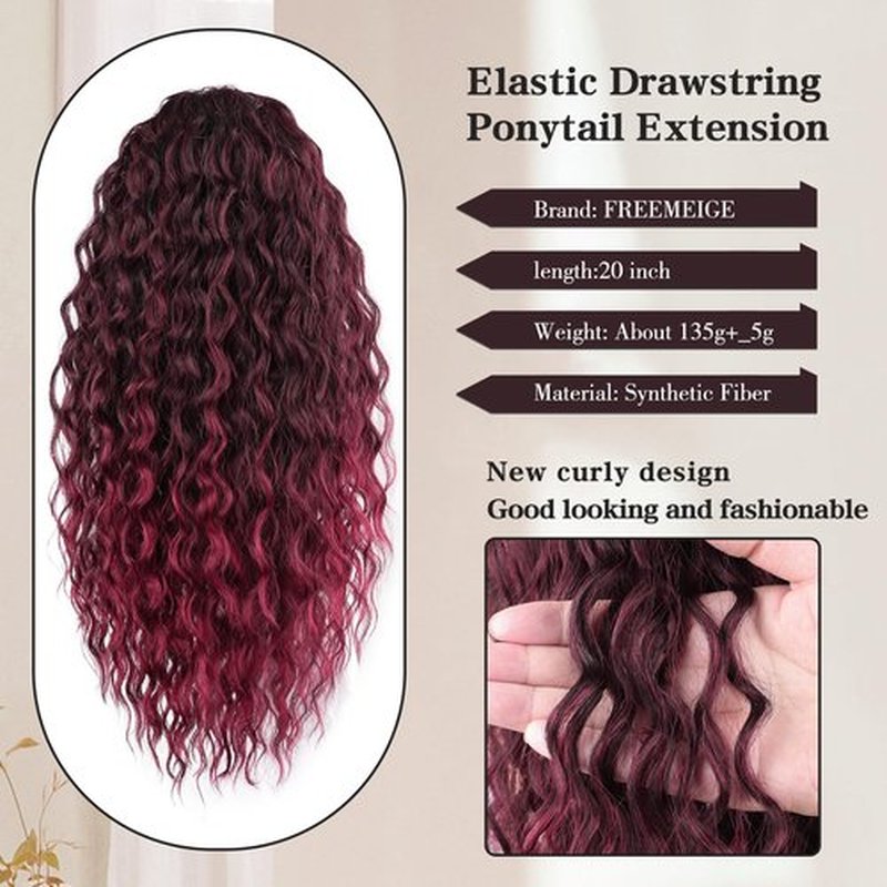 FREEMEIGE Red Ponytail Extension Curly Drawstring Ponytail Synthetic Wavy Pony Tails Hair Extensions Clip in Ponytails 20Inch Fluffy Hairpiece
