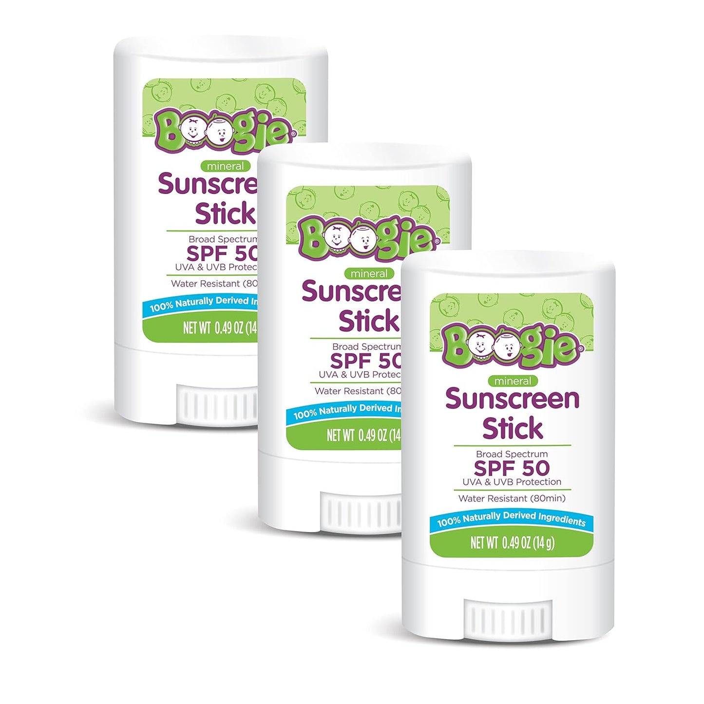 Boogie Block Baby Sunscreen Stick SPF 50 - Mineral Zinc Oxide, Travel Size, Water Resistant, Vegan, Fragrance Free (Pack of 3)