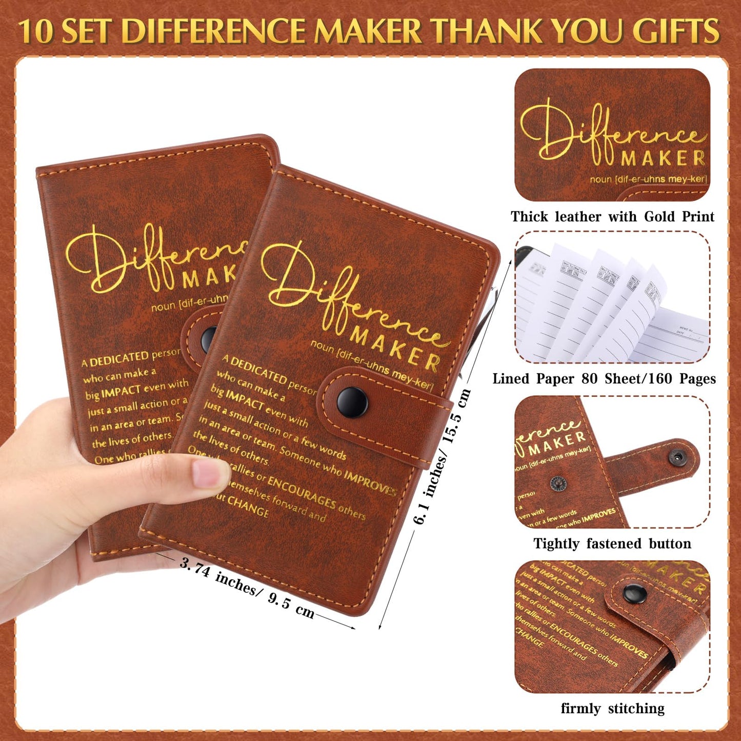Honoson 10 Sets Difference Maker Employee Appreciation Inspirational A5 Leather Journal Motivational Notebook with Pen Thank You Gift for Pharmacist Neonatal Nurses Vet Tech Affirmation Gifts