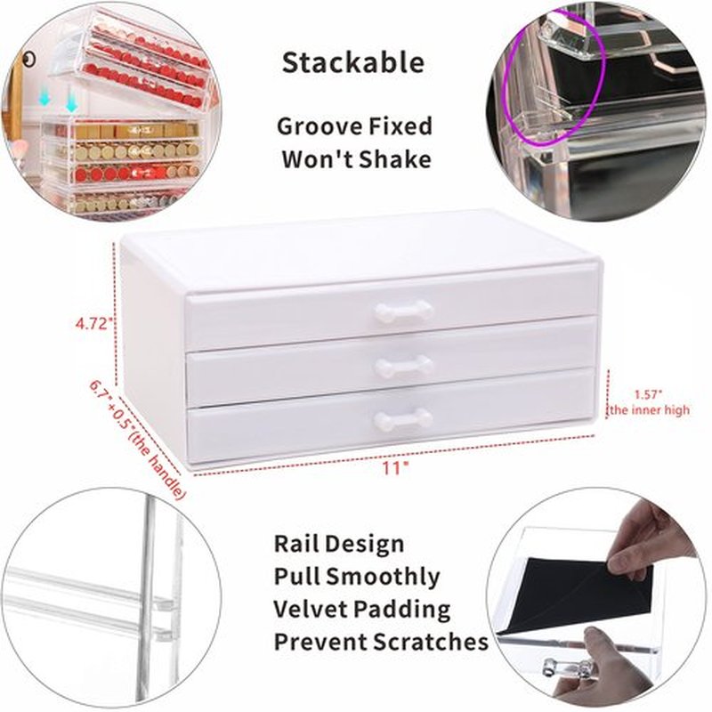 Cq acrylic White Desktop Drawer for Girls Stackable Acrylic Large Acrylic Drawers with 3 Drawers,Large Accessory Organizer and Plastic Under Cabinet Drawer For Vanity Desktop and Undersink,1Pcs