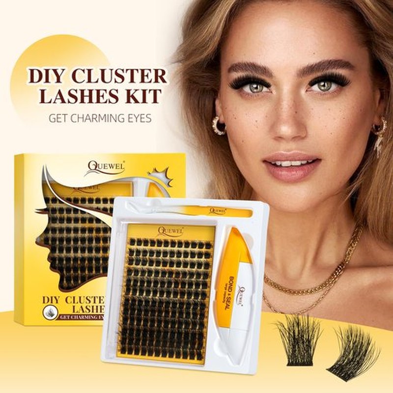 QUEWEL DIY Lash-Extension Kit, 144 Pcs Lash-Clusters Kit 10-18mm DIY-Eyelash-Extension Kit with 16ml Lash Bond and Seal Lash Applicator for Beginners at Home (3D Honey01-MIX10-18 Kit)