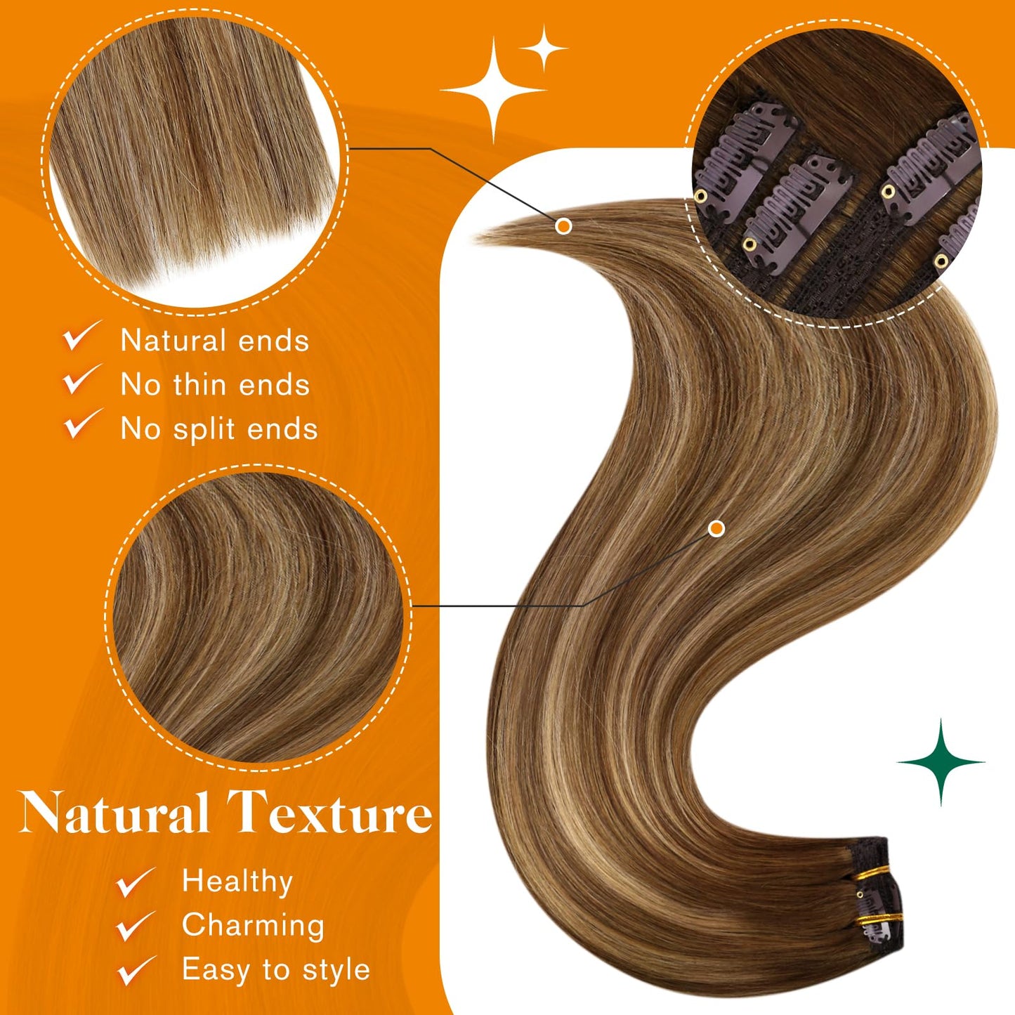 Easyouth Clip in Hair Extensions Balayage Human Hair Extensions Clip ins Medium Brown Fading to Honey Blonde Mixed Brown Clip in Human Hair Extensions Full Head 22 Inch 70g 5pcs