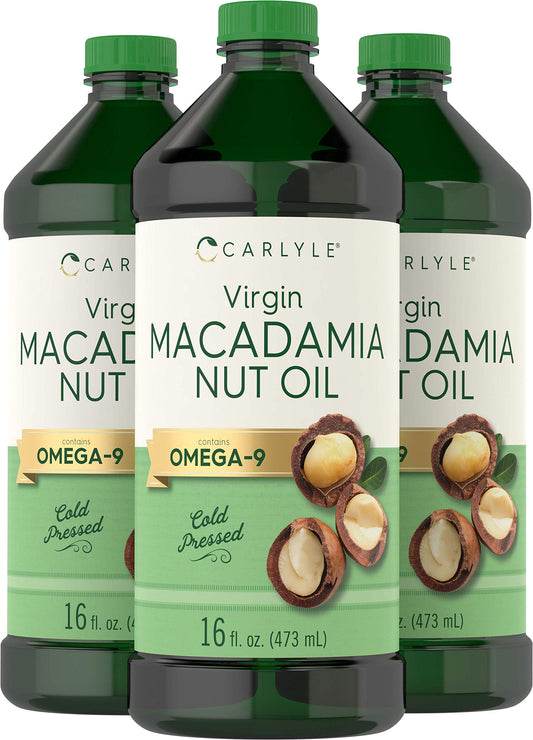 Carlyle Macadamia Nut Oil | 3 x 16 fl oz Bottles | Virgin Cold Pressed with Omega-9 | Food Grade for Cooking | Great for Hair and Skin | Vegetarian, Non-GMO & Gluten Free