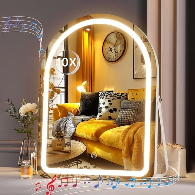 Hasipu Vanity Mirror with Lights and Bluetooth Speaker, 13.8"× 18" Arched LED Makeup Mirror, Lighted Makeup Mirror with Lights, Smart Touch Control Dimmable 3 Modes Light 360°Rotation White
