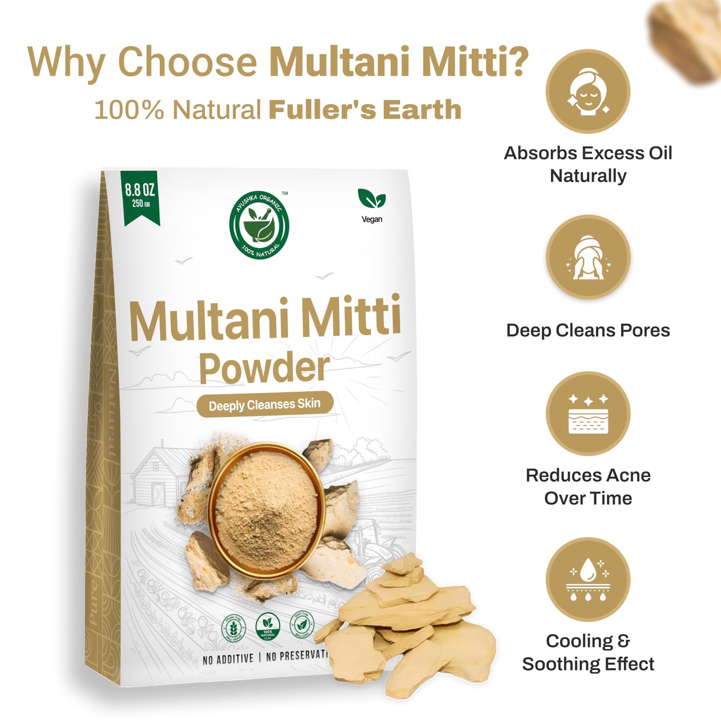 Multani Mitti Powder | Indian Healing Clay | 100% Pure Fullers Earth Powder for Natural Skin Tightening Face Mask | Deep Pores Cleansing | Bentonite Clay | Tan Removal Face Pack(8.8oz/250gm)