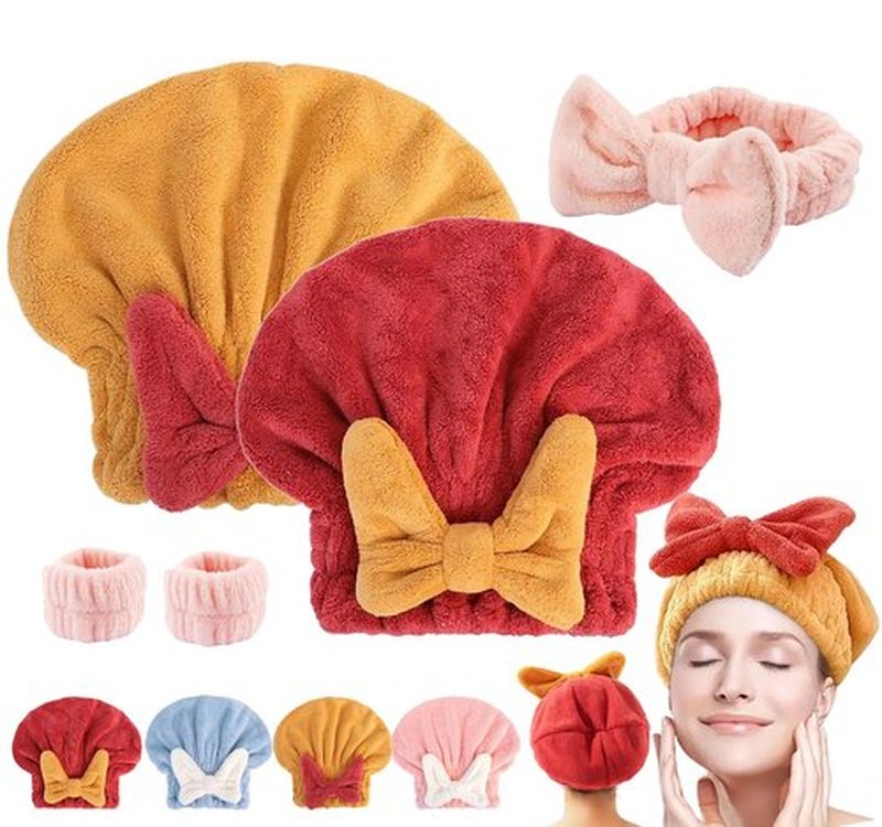 bokando Super Absorbent Hair Towel Wrap for Wet Hair, Efficient Hair Towel Wrap for Women, Quick-Drying Thickened Soft Bow Tie Hair Towel Wrap for Wet Frizzy Long Thick Hair (Red&Yellow)