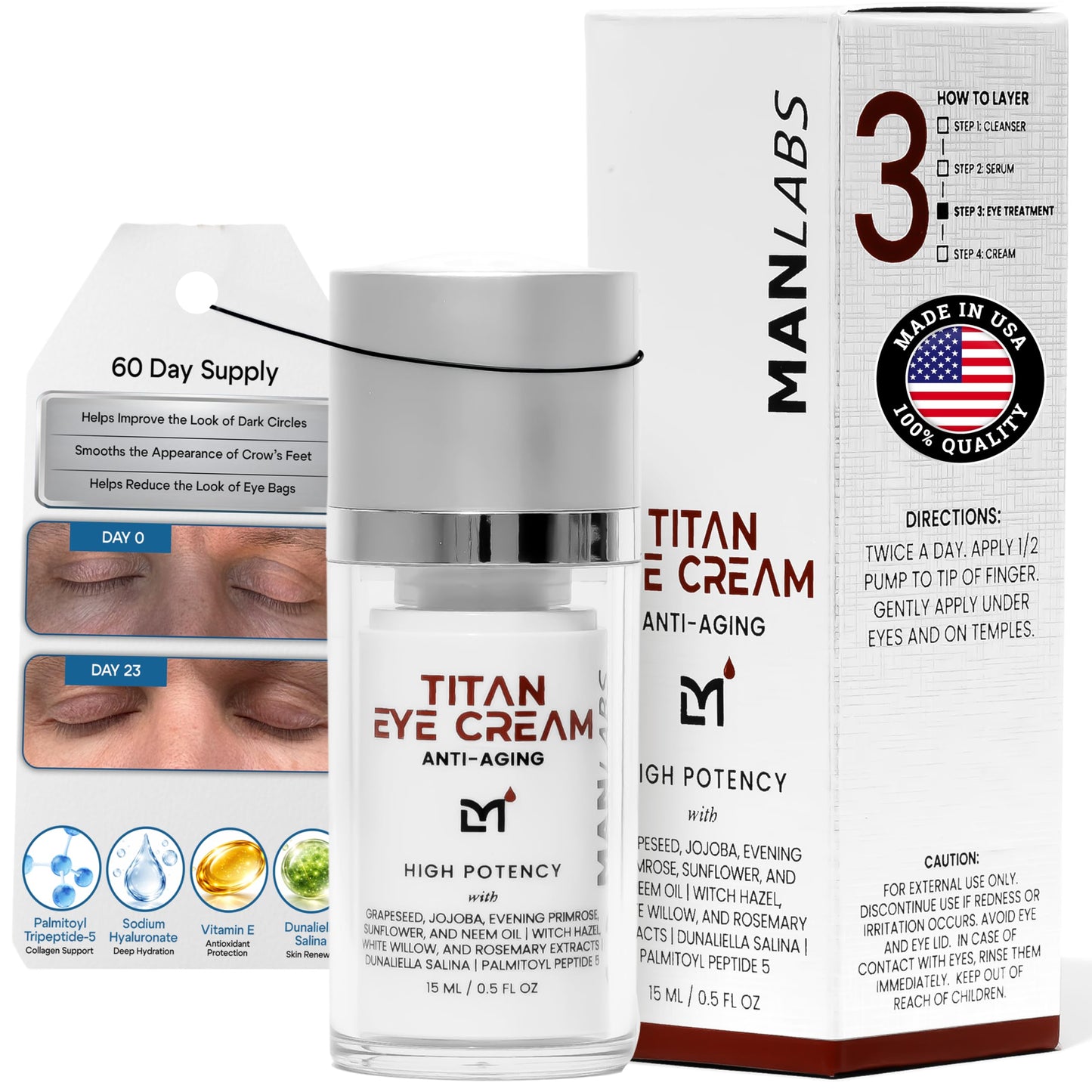 Man Labs Titan Mens Eye Cream Anti Aging for Dark Circles Under Eye–Appearance of Eye Bags Treatment for Men–Appearance of Dark Circles Under Eye Treatment, Crows Feet, Puffy Eyes–Cream–Man, Unscented