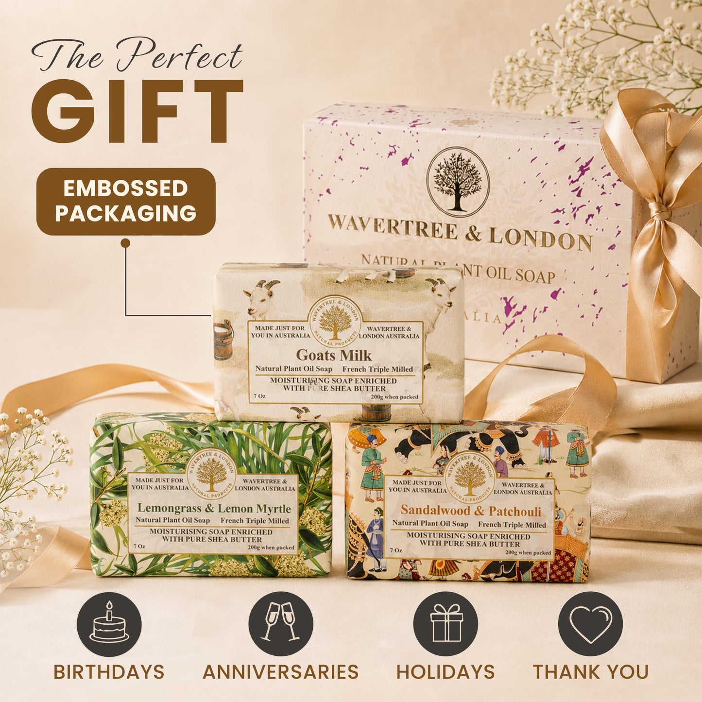 Wavertree & London Trio Gift Box (3 Bars) - 7oz Lemon Myrtle, Goats Milk, Sandalwood Patchouli Scented Moisturizing Triple Milled Natural Soap Bars - Pure Plant Oil Soap Bars for All Skin Types