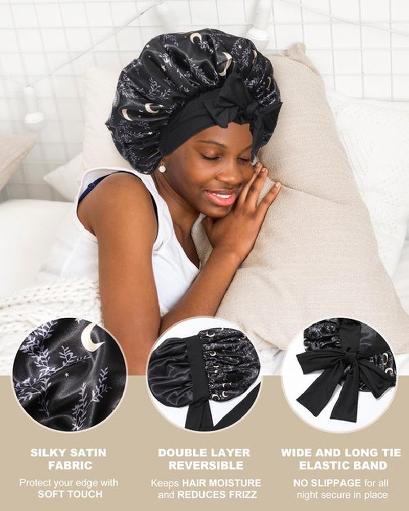 Satin Bonnet for Women Silk Bonnets for Sleeping Curly Hair Bonnet with Elastic Tie Band Reversible Double Layer Sleep Cap Hair Wrap (Black)