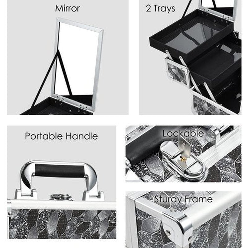 Joligrace Makeup Train Case Portable Makeup Organizer Case 2 Trays Makeup Box with Mirror Locking for Makeup Artist Nail Supplies Sewing Craft Case Modern Style