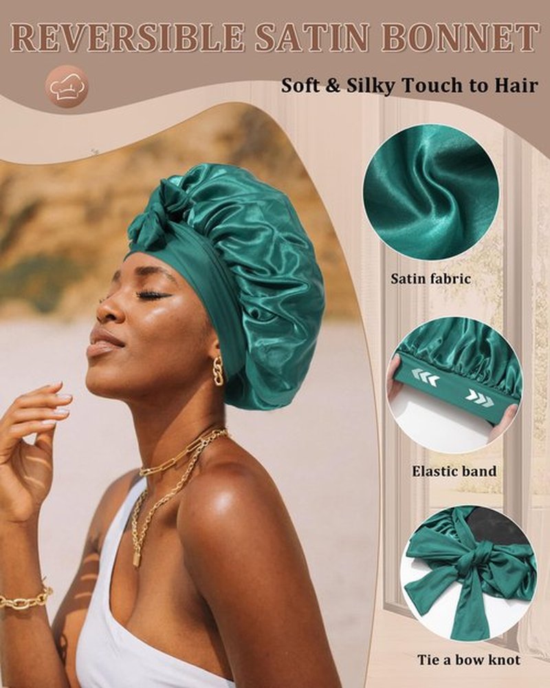 Reversible Satin Bonnet for Sleeping Women Silk Bonnet Double Layer Hair Bonnet with 2PCS Hair Scrunchies Elastic Tie Band Night Cap Hair Wrap for Natural Curly Hair (Dark Green+Black)