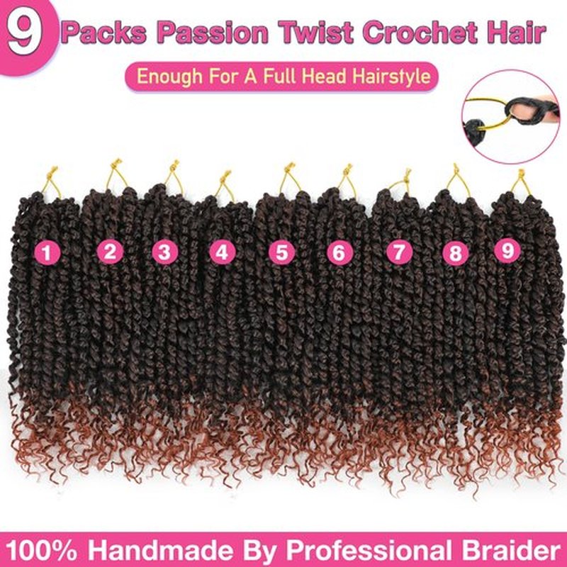 9 Packs Passion Twist Crochet Hair 10 Inch Pre-twisted Passion Twist Hair Bohemian Short Passion Twist Crochet Braids Hair for Women Girls and Kids (10Inch,T1B/350)