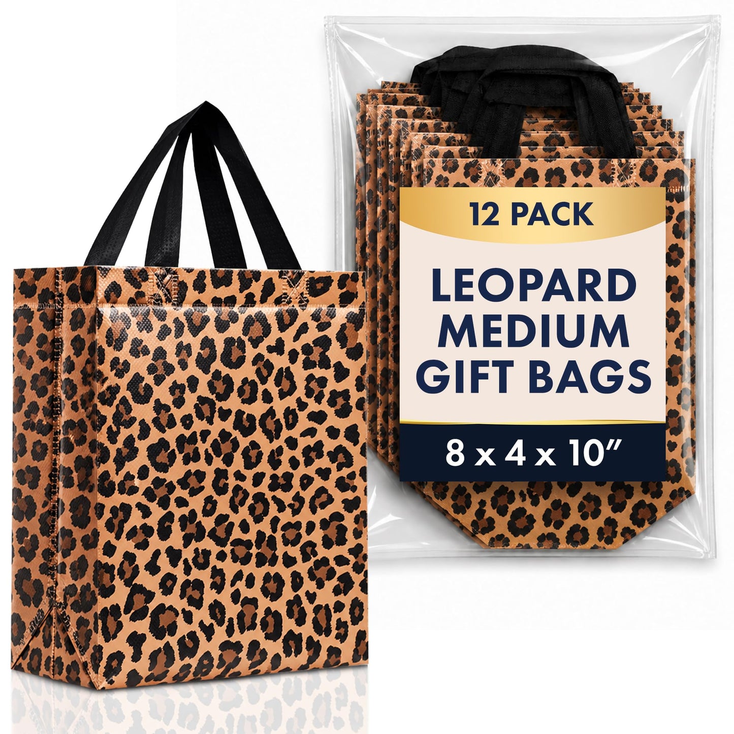 Nush Nush Leopard Gift Bags Medium Size– Set of 12 Cheetah Gift Bags With Handles - Reusable Goodie Bag for Animal Print Party, Safari Party Favors, Jungle Theme Birthday - 8x4x10 Size