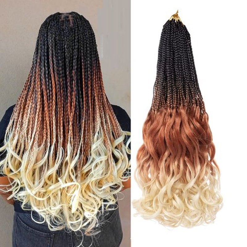 RuiYok 9 Packs French Curl Crochet Braids 14 Inch Ombre Brown Blonde Bohemian Goddess Box Braids Hair with Curly Ends Pre Looped Bouncy French Curly Braiding Hair for Women