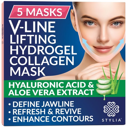 Stylia Double Chin Mask - V Line Chin Strap - Toning Hydrogel Collagen Face Mask with Hyaluronic Acid & Aloe Vera - 5PC