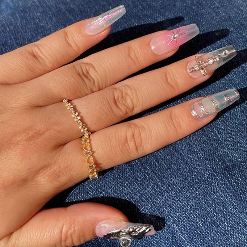 GlimightyX 3D Handmade Press On Nails Medium, Y2K Cyber Pink Chrome Press On Nails with Nail Glue, Reusable UV Gel Cured Sturdier Fake Nails, Size XS 10 Nail Kit,Baby Chrome