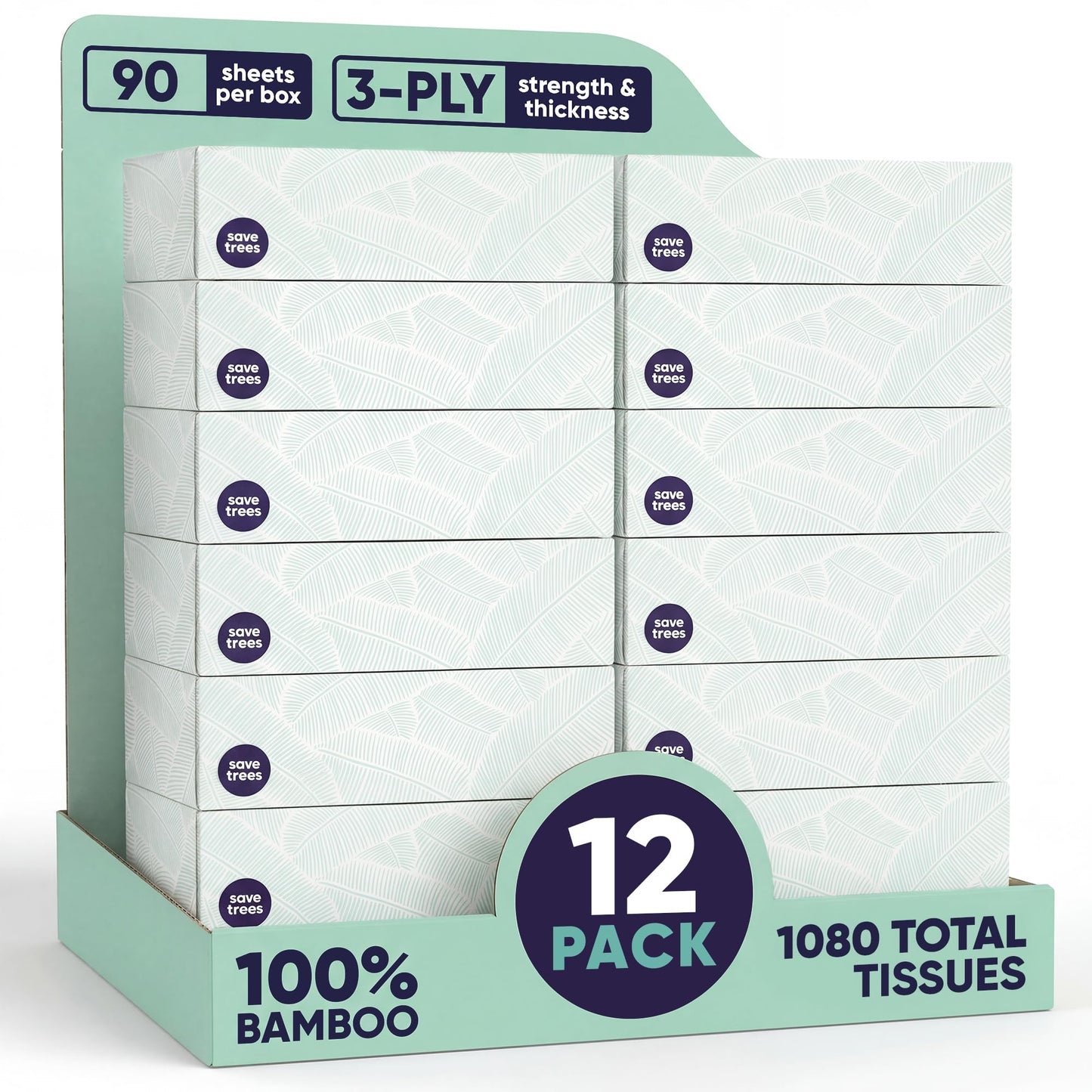 Save Trees Bamboo Facial Tissues - 12 Boxes of Eco-Friendly, 3-Ply Hypoallergenic Tissues, 90 Sheets per Box, FSC Certified, Plastic-Free Packaging, Soft & Gentle for Home Use