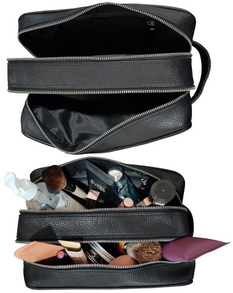 RUSTIC TOWN Full Grain Leather Travel Toiletry Bag - Dopp Kit Travel Organizer (Medium, Black)