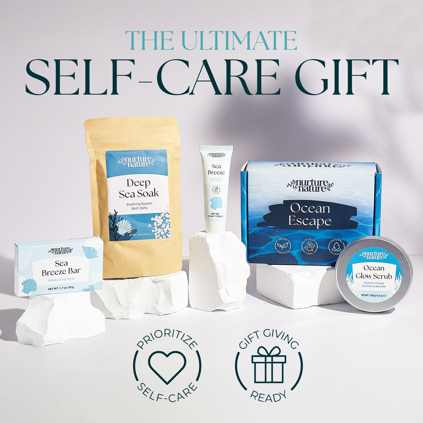 Nurture by Nature Bath Gift Set for Women - Birthday Gifts for Women, 4 Piece Spa Gift with Body Scrub, Bath Salts, Soap, Hand Cream, Self Care Gift for Mother’s Day, Gifts for Her, Gift for Mom