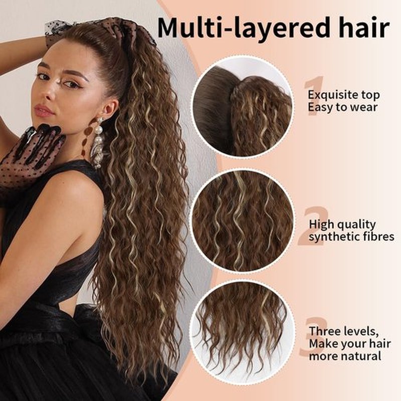 ORSUNCER Ponytail Extension Claw 30" Brown with Blonde Highlights Curly Clip in Pony Tail Fluffy Natural Looking Synthetic Hairpiece