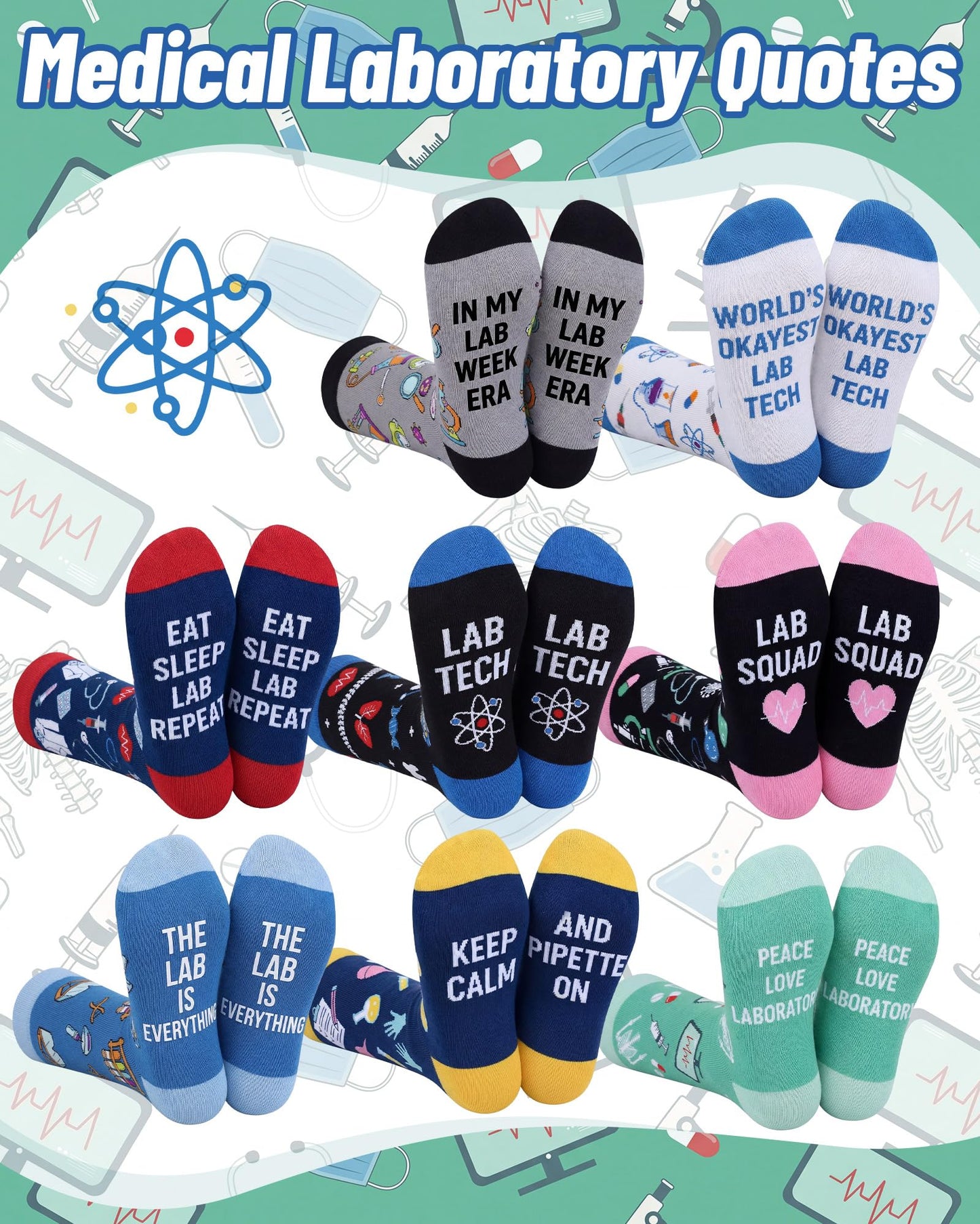 Glitopper 8 Pairs Medical Laboratory Gifts for Women Men Funny Lab Tech Socks Novelty Casual Crew Dress Socks Medical Laboratory Professionals Week Gifts Nurses Day Birthday Favors