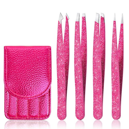 Amytor Eyebrow Tweezer Set, 4 Pcs Professional Stainless Steel Tweezers for Women, Precision Tweezer for Facial Hair, Splinter and Ingrown Hair Removal（Rose Red）