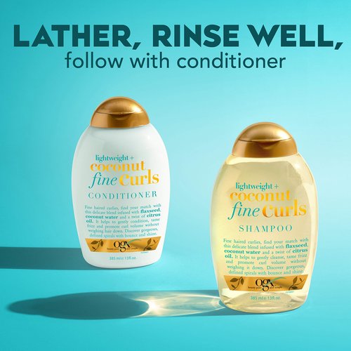 OGX Lightweight + Coconut Fine Curls Shampoo for Curly Hair, Coconut Water Shampoo, Flaxseed Oil, Citrus Oil, 13 Fl Oz (Pack of 2)