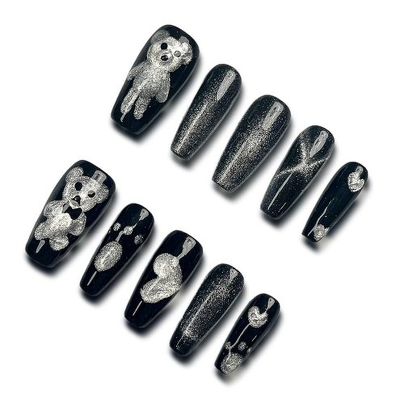 Wsliana Nails Handmade Press On Nail.Magnetic Press On Nail Medium Coffin Acrylic Fake Nails with Charm Cute Design,Reusable Glue On Nail for Woman Gift,Set of 10pcs Hand Painted False Nail Art(011 S)