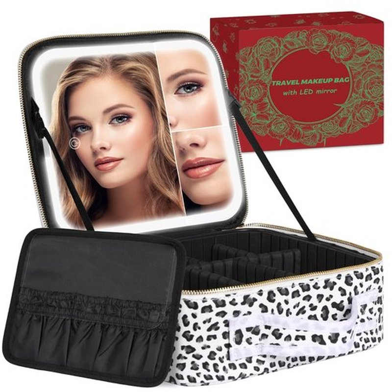 MAYFIY Makeup Bag with LED Mirror and Travel Makeup Train Case Cosmetic Organiser with 2X3X Magnifying Mirror and Separate Makeup Brush Panel, Portable Adjustable Divider Storage Bag, Leopard
