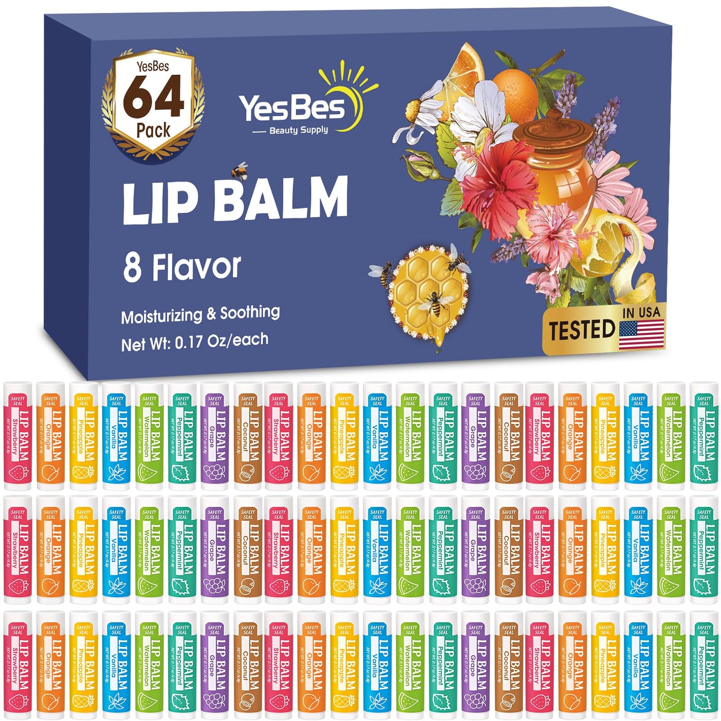 YesBes 64 Pack Lip Balm, Natural Lip Balm Bulk with Vitamin E and Coconut Oil, Moisturizing Lip Balms for Dry Cracked Lips, Lip Balms for Mothers Day Gifts Stocking Stuffers - 8 Flavors