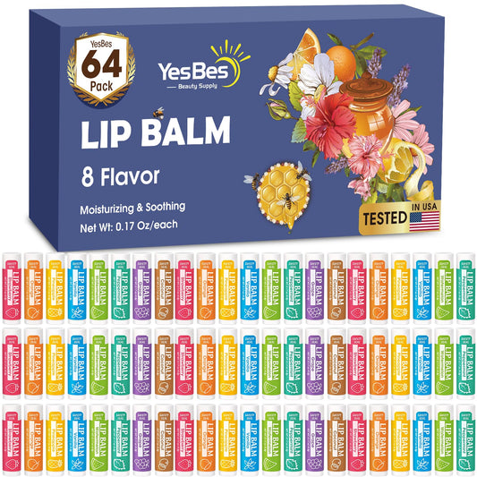 YesBes 64 Pack Lip Balm, Natural Lip Balm Bulk with Vitamin E and Coconut Oil, Moisturizing Lip Balms for Dry Cracked Lips, Lip Balms for Mothers Day Gifts Stocking Stuffers - 8 Flavors