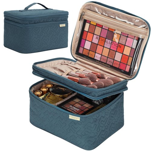 NISHEL Large Double Layer Travel Makeup Bag Women, Large Cosmetic Case, Organizer for Travel-Size Accessories Bottles, Brushes, Conditioner, and Skin Care Products, Lake Blue