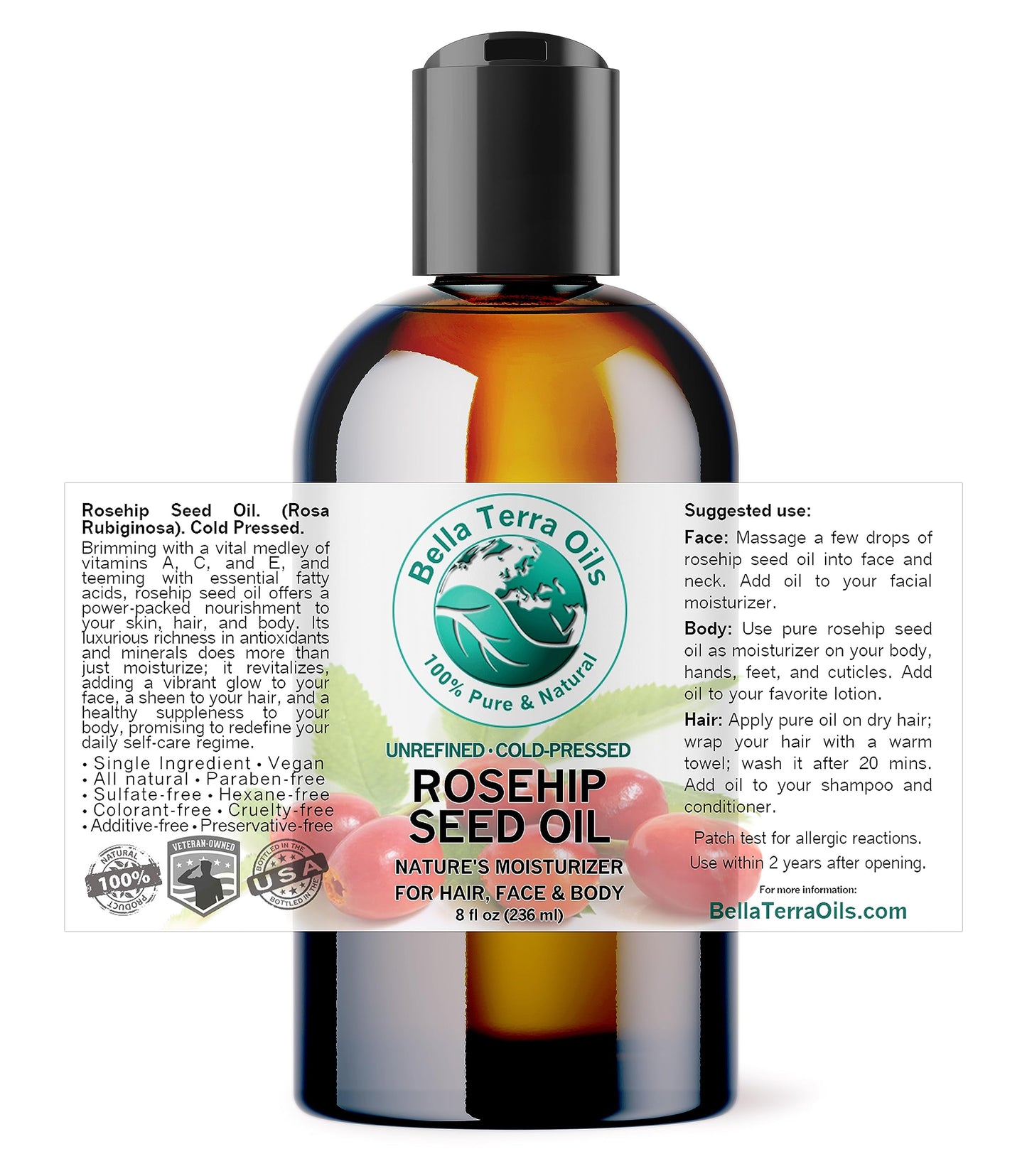 Bella Terra Oils - Natural Rosehip Facial Oil 8 oz - Dive into Natural Rosehip's Essential Fatty Acids & Antioxidants, Infused with Vitamin F, Elevate Daily Face Rituals