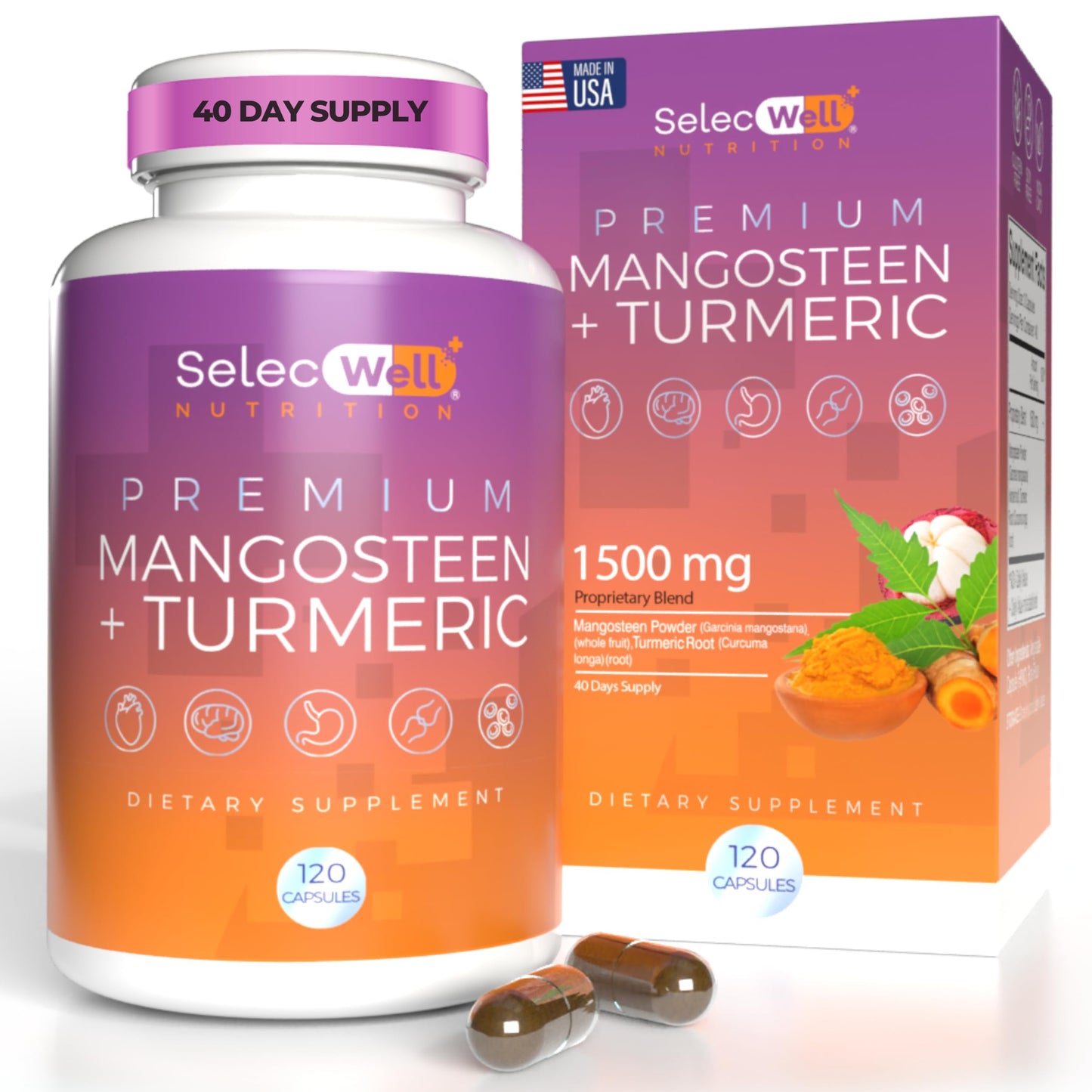 SelecWell Mangosteen + Turmeric Capsules | Joint & Digestion Support | Formulated for Wellness, Includes Natural Ingredients | 120 Vegetarian Capsules, 1500mg per Serving