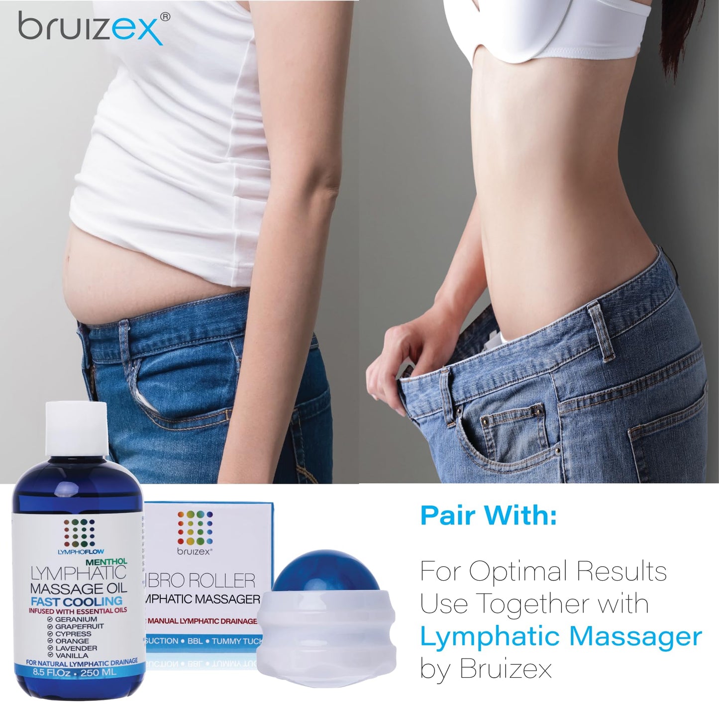 Bruizex Lymphatic Drainage Massage Oil with Arnica & Menthol for After Procedure Body Care & Lymphatic Drainage Massager, Liposuction, 360 Lipo, BBL, Tummy Tuck Body Massage, Cooling Formula - 8.5 Oz