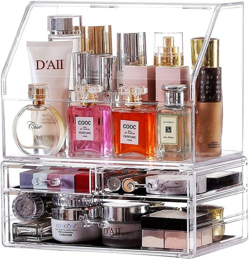 Cq acrylic Makeup Organizer with 3 Drawers -Clear Plastic Skincare and Cosmetic Storage for Vanity Countertop,Dresser Top Organizer for Beauty Products,Cologne Perfume-Bathroom Countertop Organization