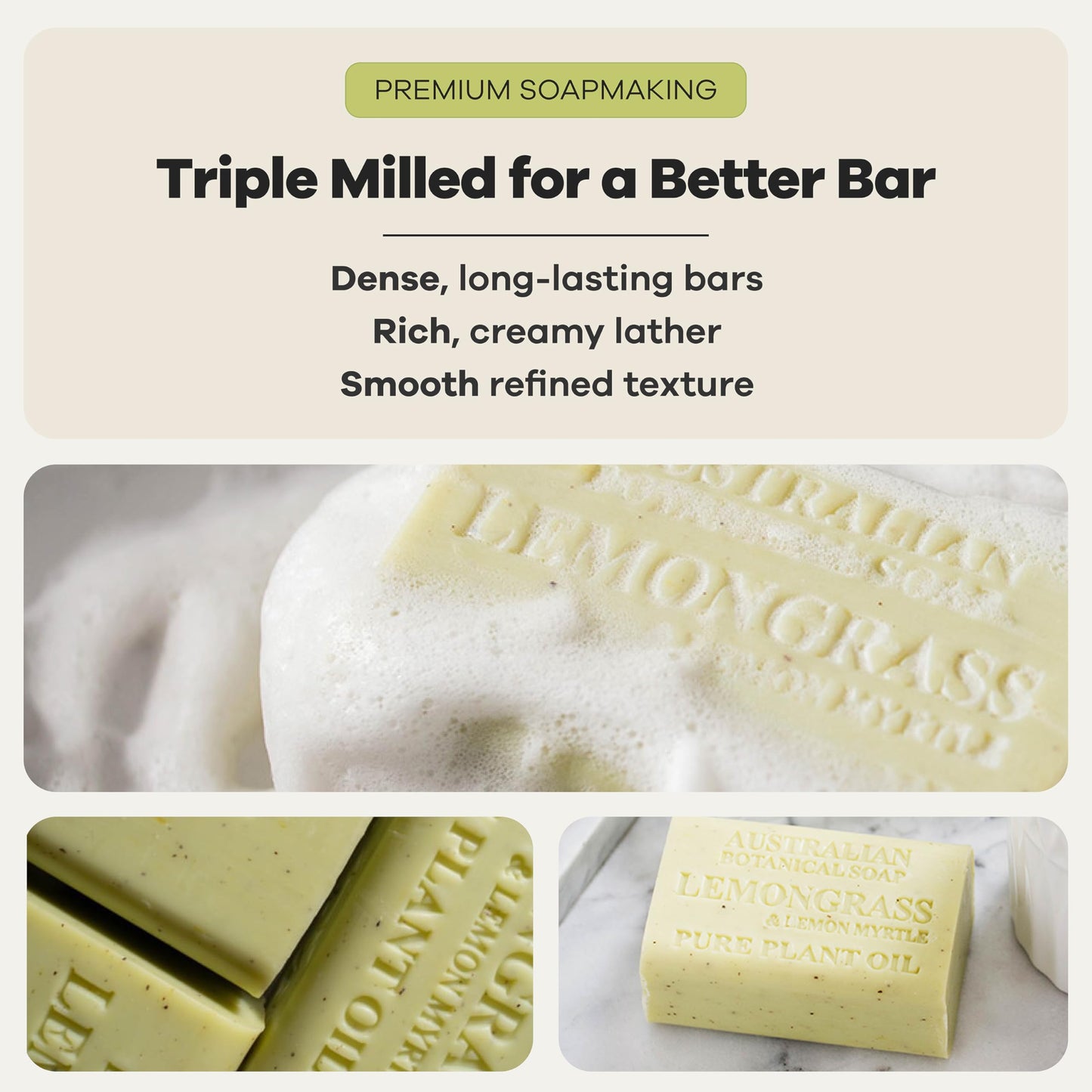 Australian Botanical Soap Lemongrass & Lemon Myrtle – Triple Milled 6.6 oz Bar Soap with Shea Butter, Face Hand & Body Soap Bars, Pack of 4